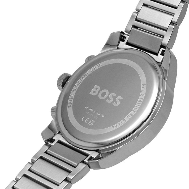 Hugo Boss Trace watch caseback showing stainless steel and branding details