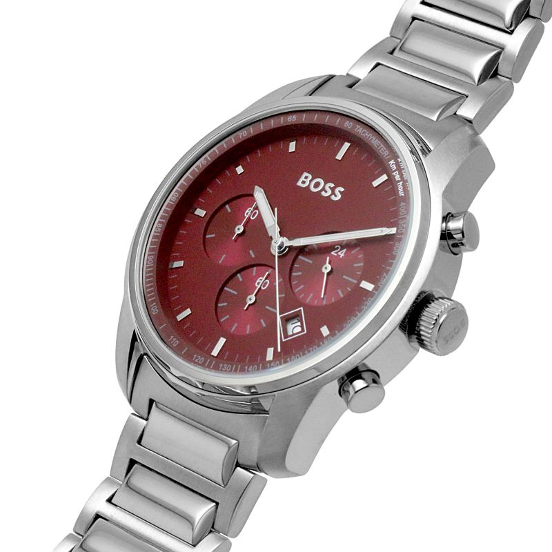 Close-up detail of Hugo Boss Trace chronograph dial with burgundy face and subdials