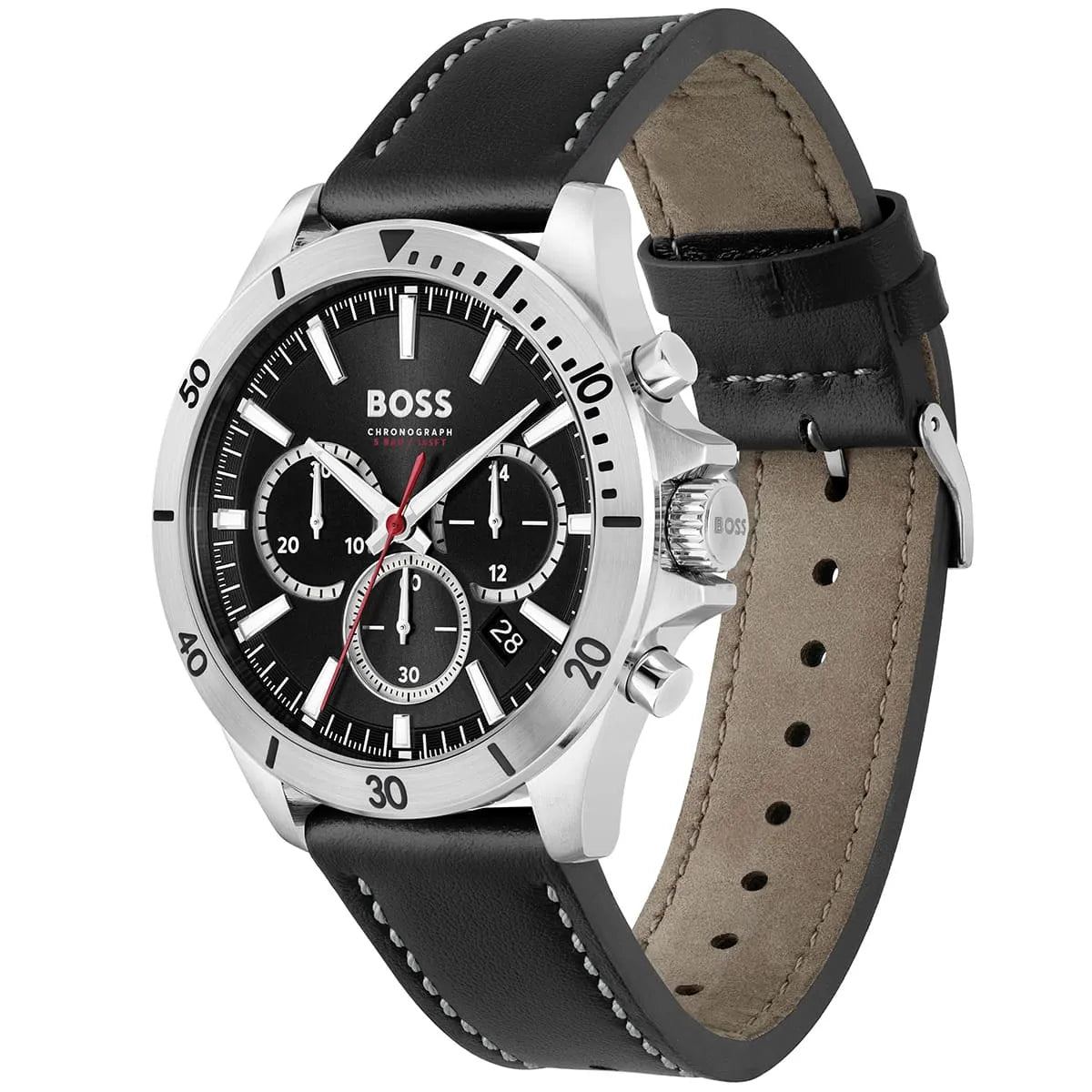 Hugo Boss Troper chronograph watch displayed at angle showing dial and black leather strap