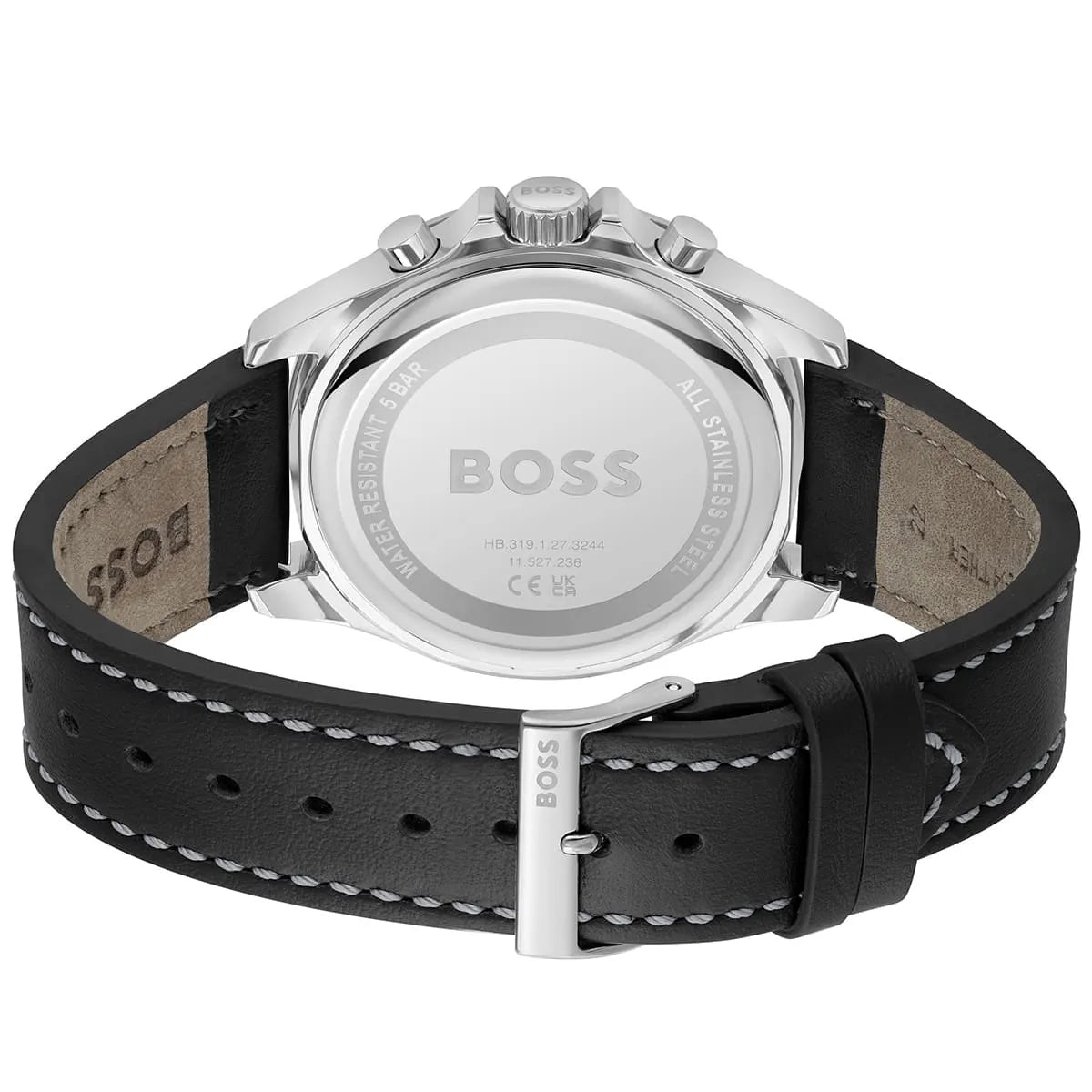 Hugo Boss Troper watch caseback showing stainless steel with branding and specifications