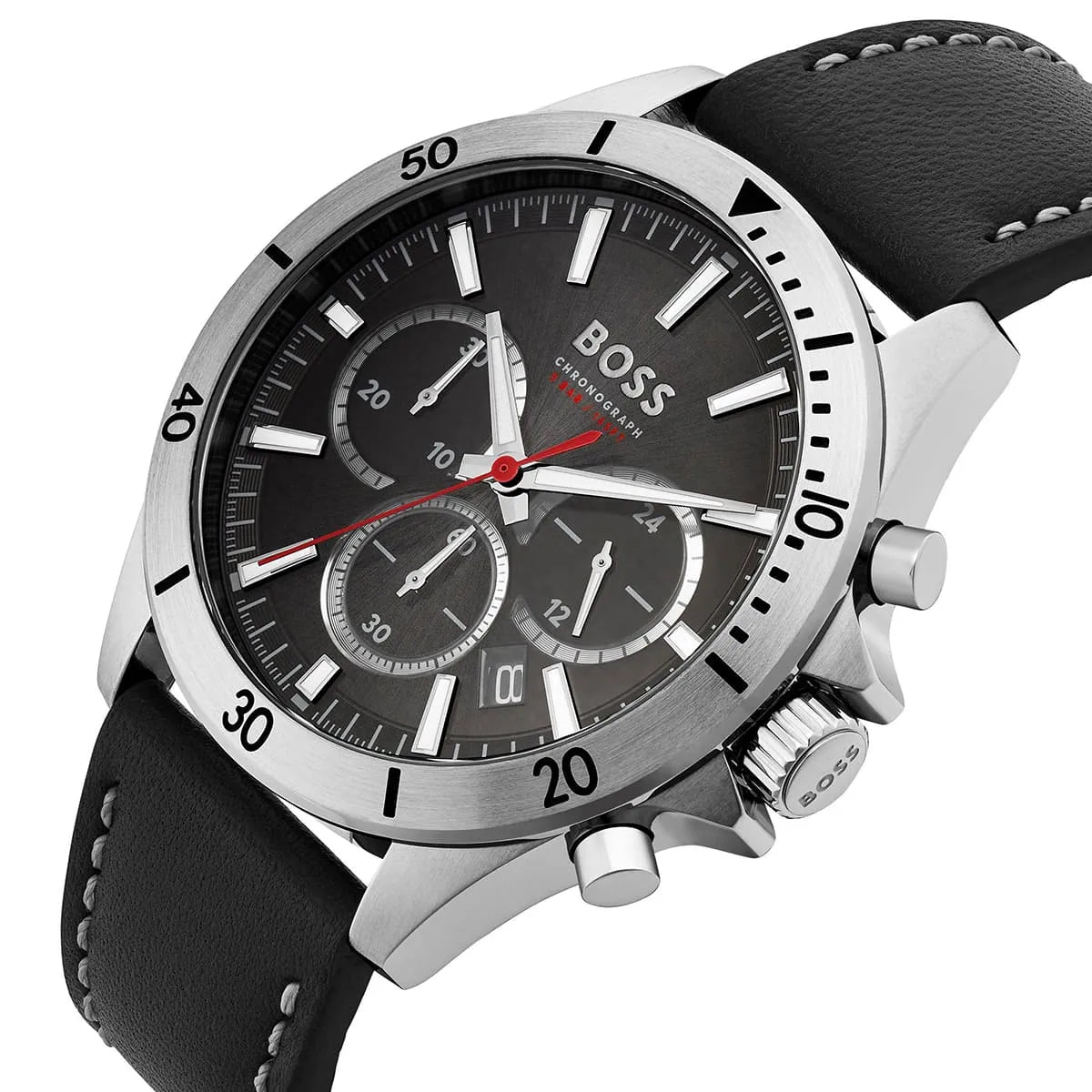 Hugo Boss Troper chronograph watch at side angle with black dial and leather strap visible