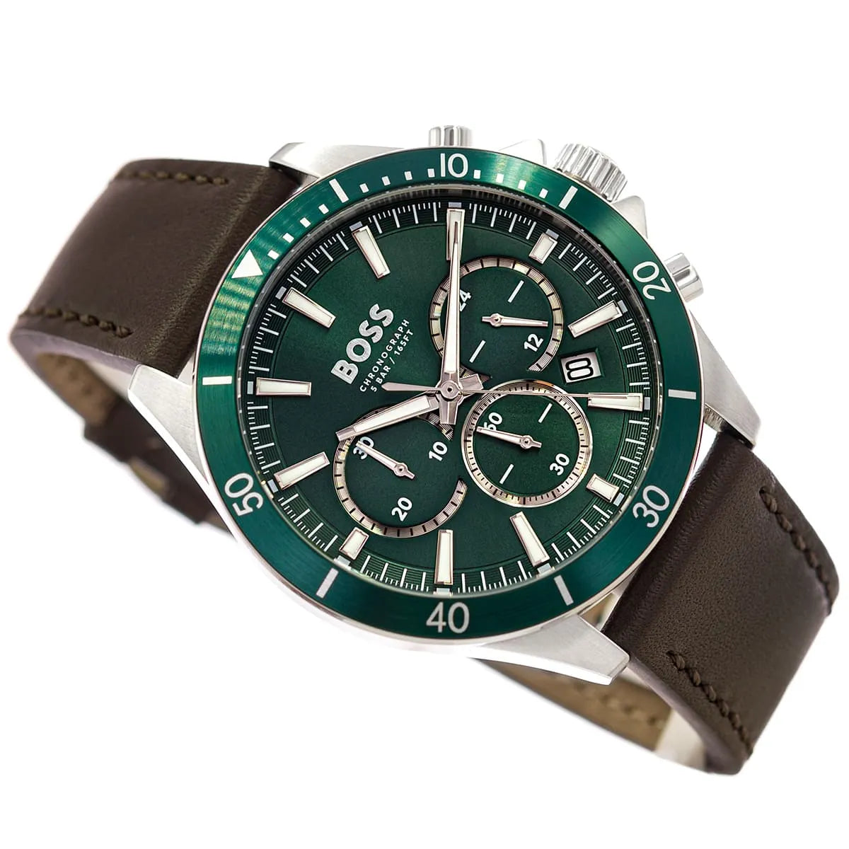 Hugo Boss Troper chronograph with green dial, three subdials, and brown leather strap detail
