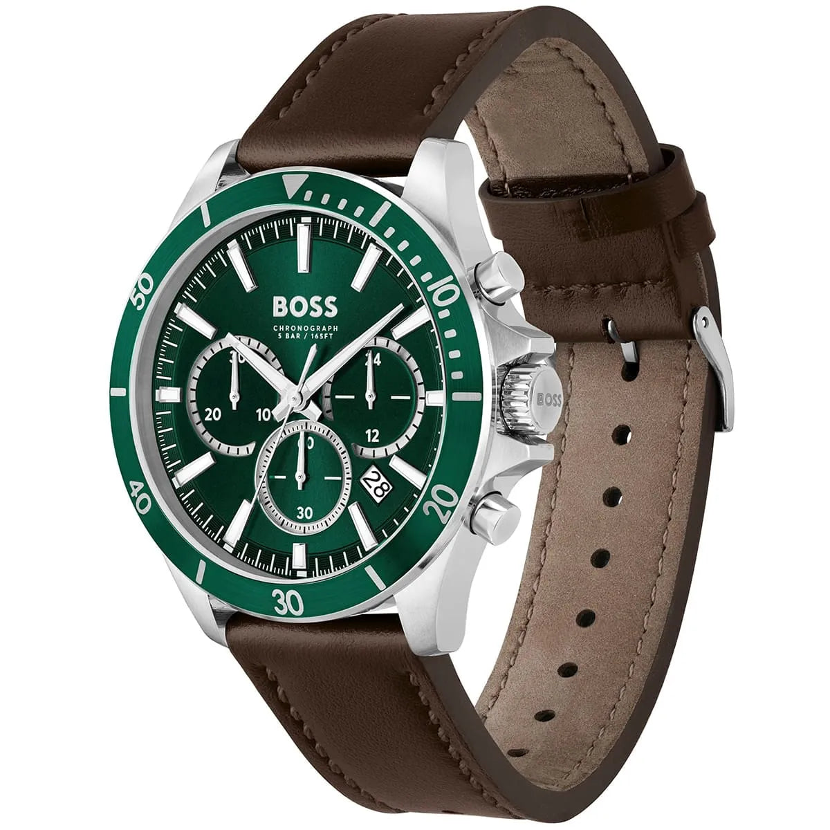 Hugo Boss Troper watch angled view showing green bezel, green dial with subdials, and brown strap