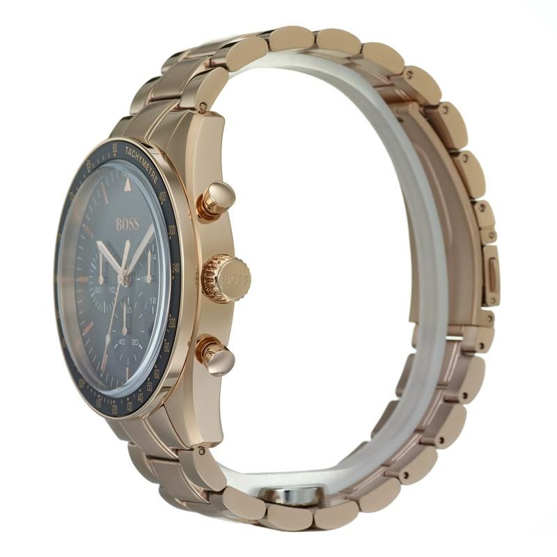 Side view of Hugo Boss Trophy chronograph with rose gold bracelet and grey dial