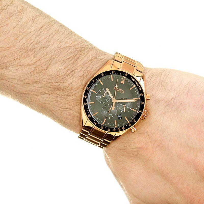 Hugo Boss Trophy chronograph worn on wrist showing grey dial and rose gold bracelet