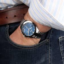 Hugo Boss VANGUARD chronograph watch worn on wrist with blue dial visible