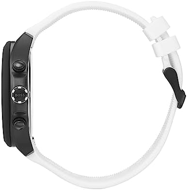 Hugo Boss Velocity watch side view showing black case and white silicone strap