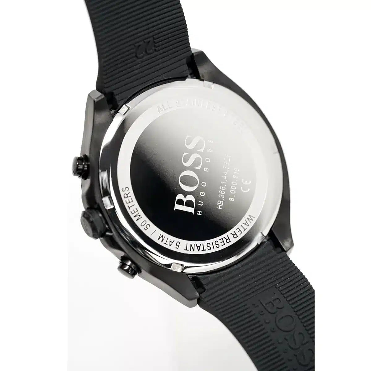 Angled view of Hugo Boss Velocity chronograph watch with black case and rubber strap