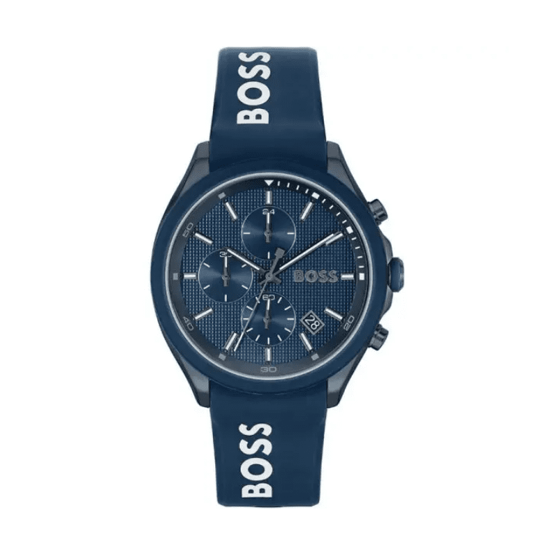 Hugo Boss Velocity chronograph watch with blue dial and blue rubber strap