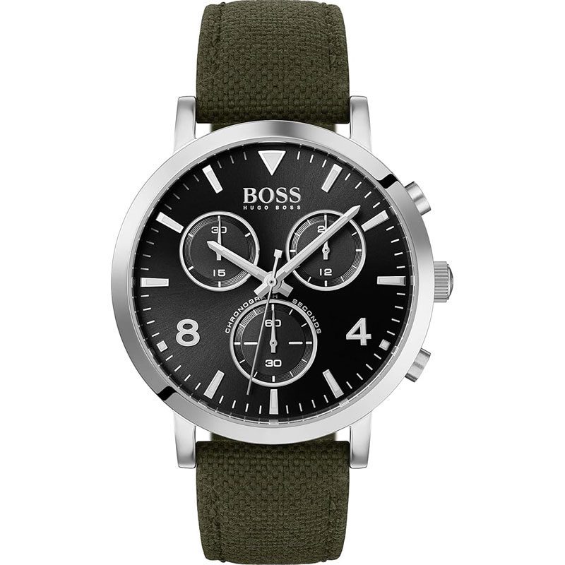 Hugo Boss Vesada chronograph watch with black dial, three sub-dials, silver case, and green fabric strap
