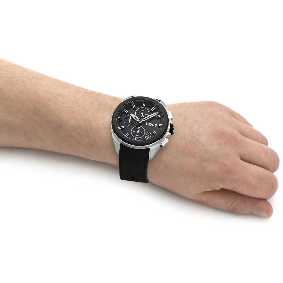 Hugo Boss Volane chronograph watch worn on wrist showing black dial