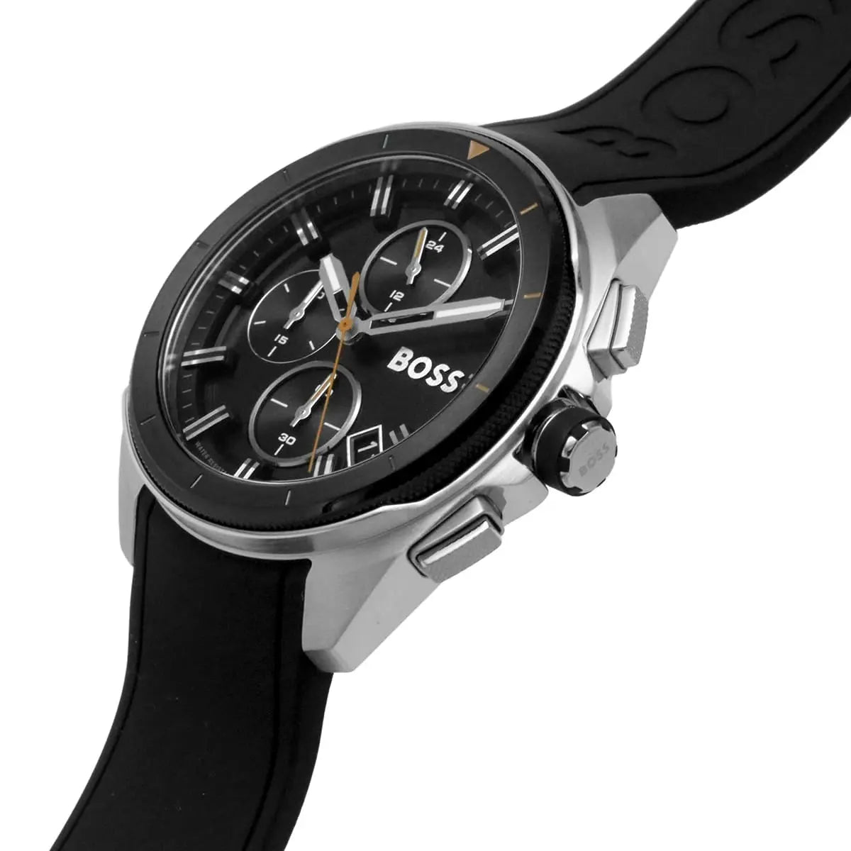Hugo Boss Volane chronograph watch side profile with black strap