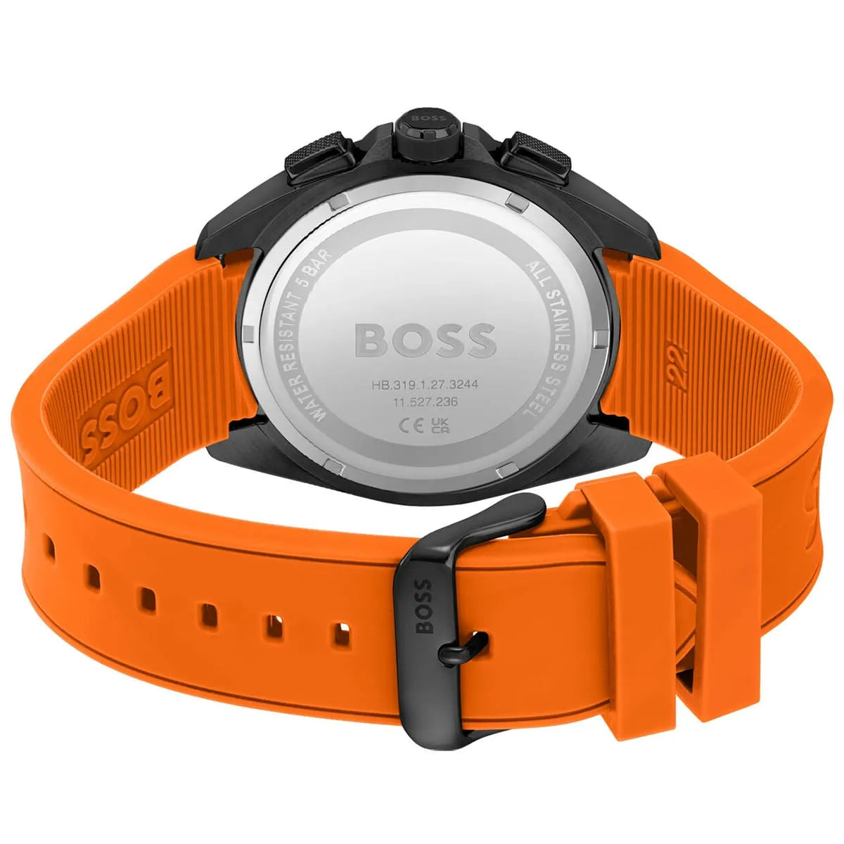 Hugo Boss Volane watch caseback displaying stainless steel case with model and serial information
