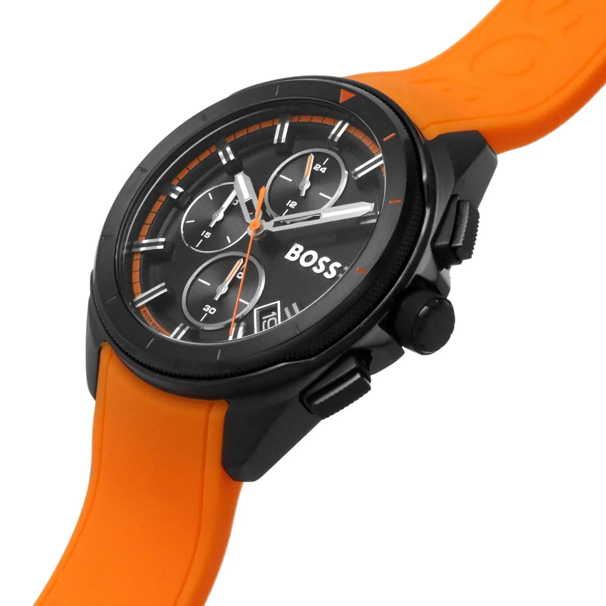 Side view of Hugo Boss Volane watch showing orange silicone strap and black chronograph pushers