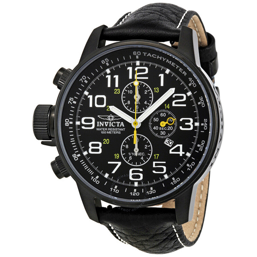Invicta Lefty chronograph watch with black dial, yellow accents, and black leather strap