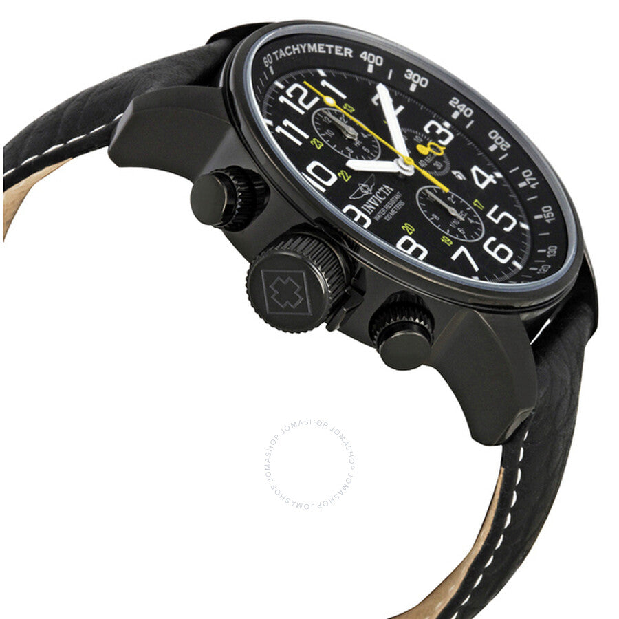 Left-side profile view showing chronograph pushers and black leather strap with tan lining