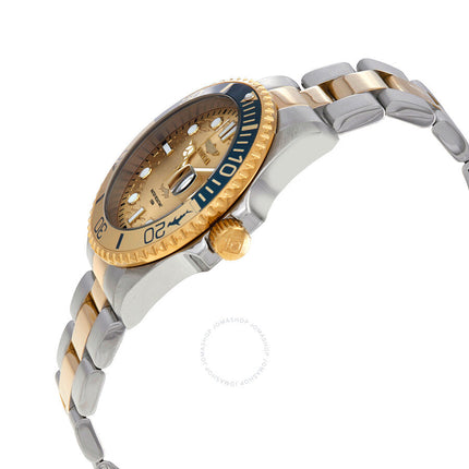 Angled side view of Invicta Pro Diver watch showing two-tone bracelet and gold bezel
