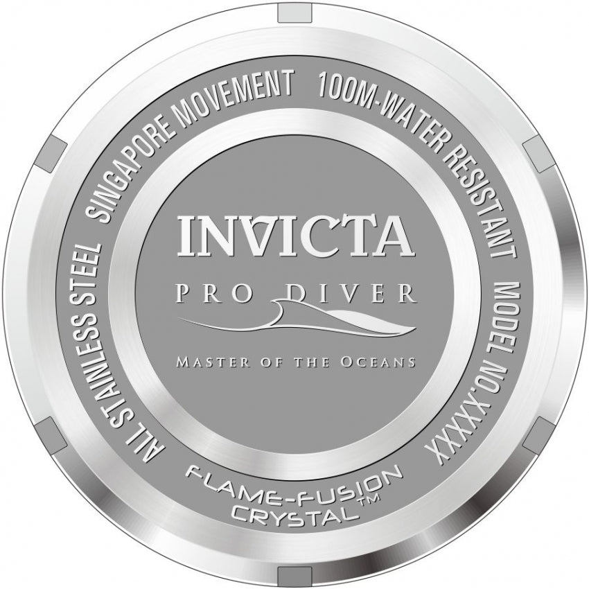 Close-up caseback detail of Invicta Pro Diver showing movement type and water resistance