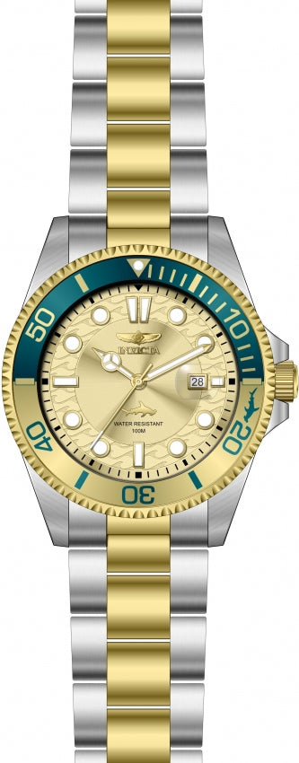 Full front view of Invicta Pro Diver 30948 with two-tone bracelet and gold bezel