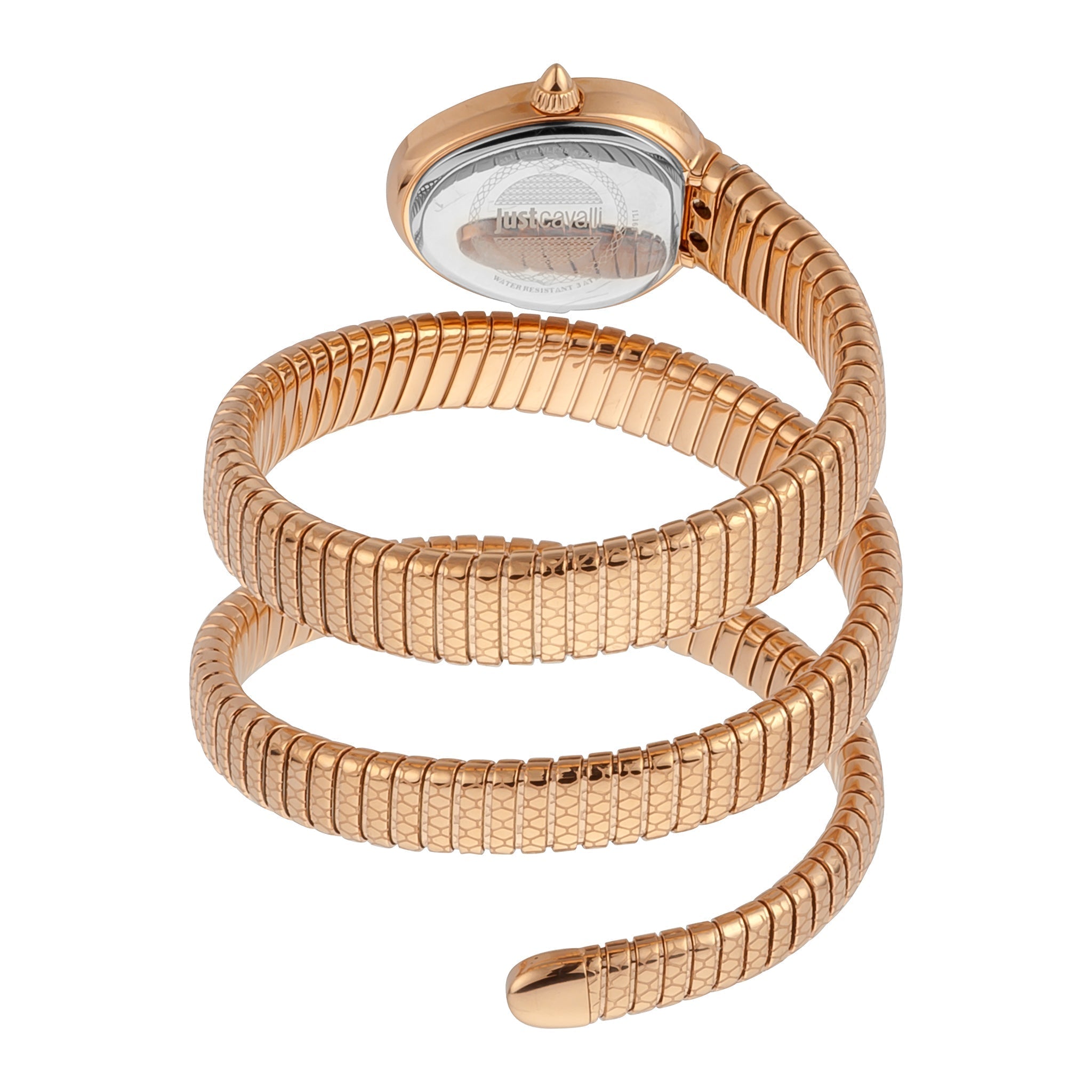 Just Cavalli Snake watch coiled snake bracelet detail showing segmented rose gold design