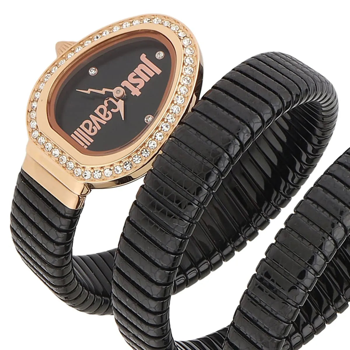Just Cavalli women's watch angled view with black dial, crystal bezel, triple wrap snake bracelet