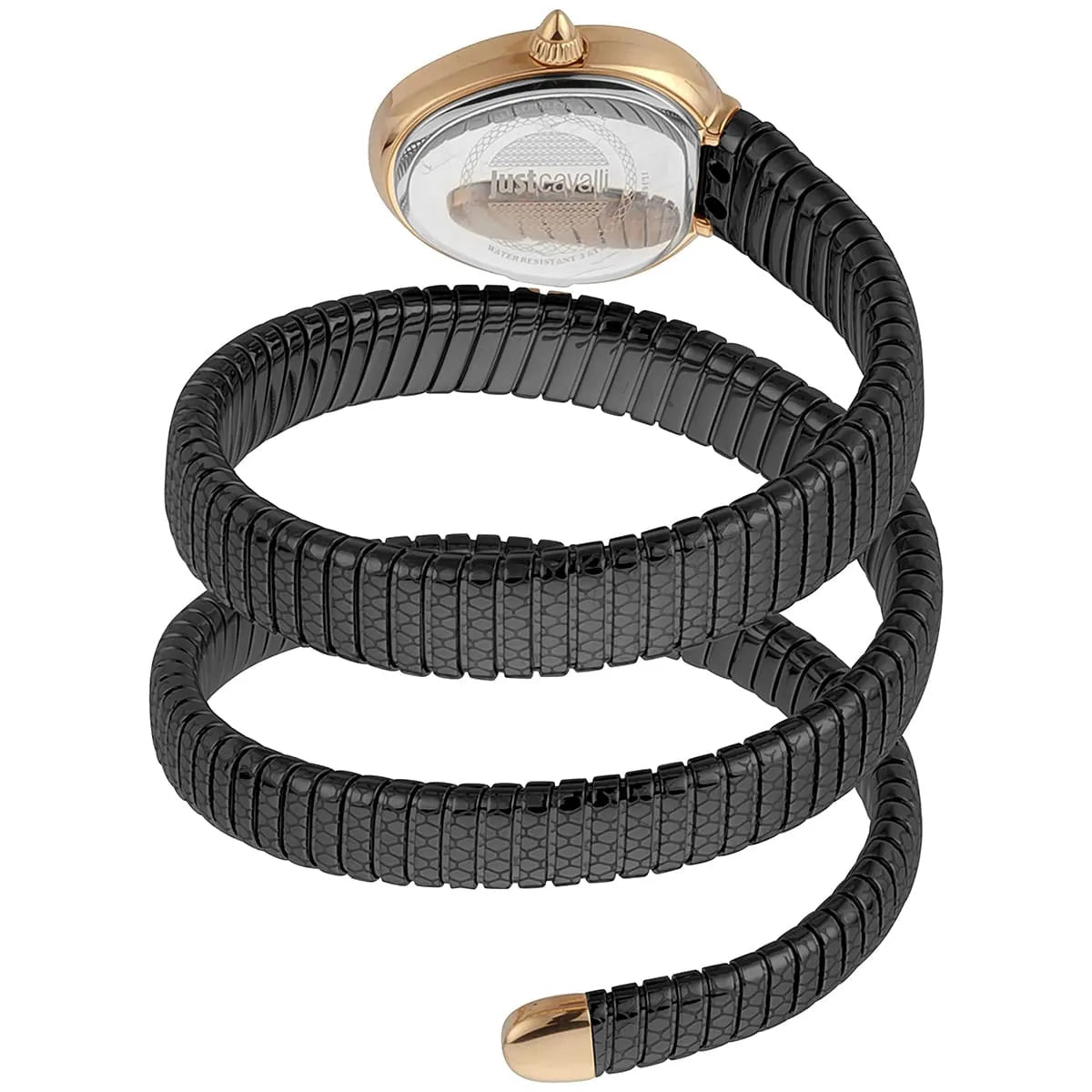 Just Cavalli women's watch caseback showing engraved movement, snake bracelet triple wrap design