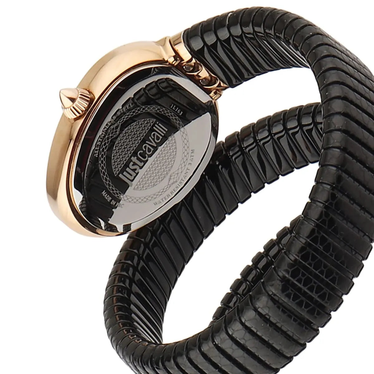 Just Cavalli women's watch dial detail showing rose gold case, crystal bezel, logo, snake bracelet