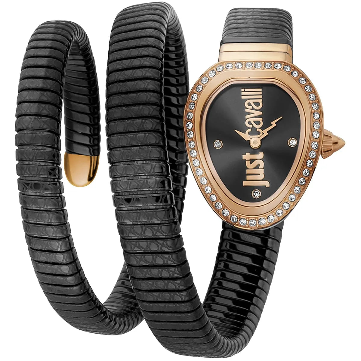 Just Cavalli women's watch with black dial, rose gold case, crystal bezel, triple wrap black snake bracelet