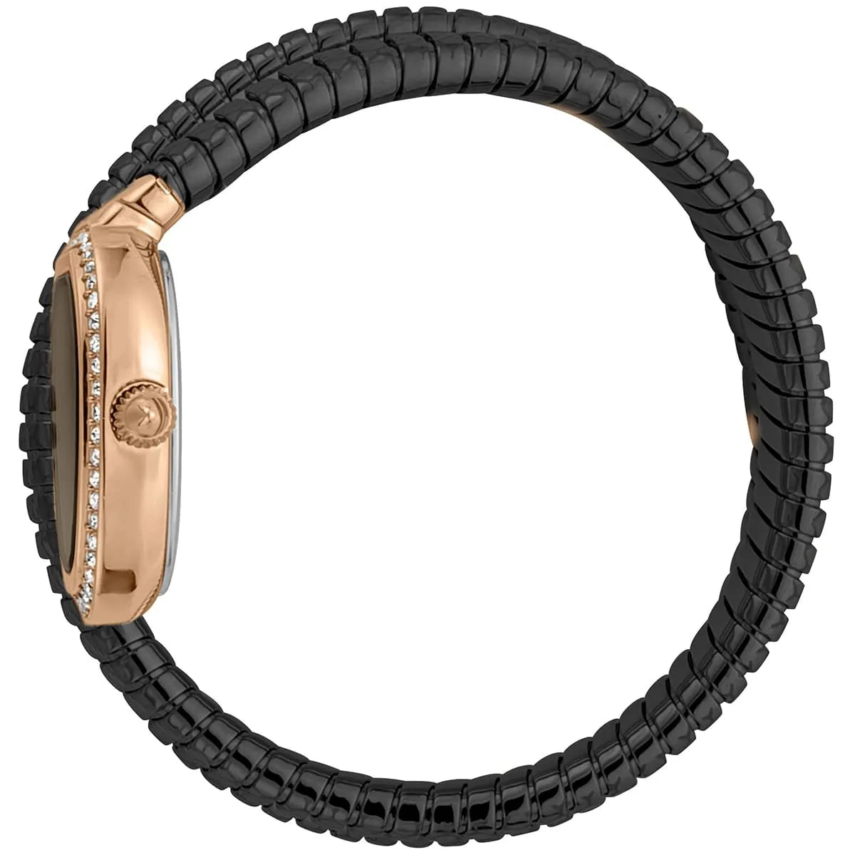 Just Cavalli women's watch side view showing rose gold case and ribbed black snake bracelet wrap
