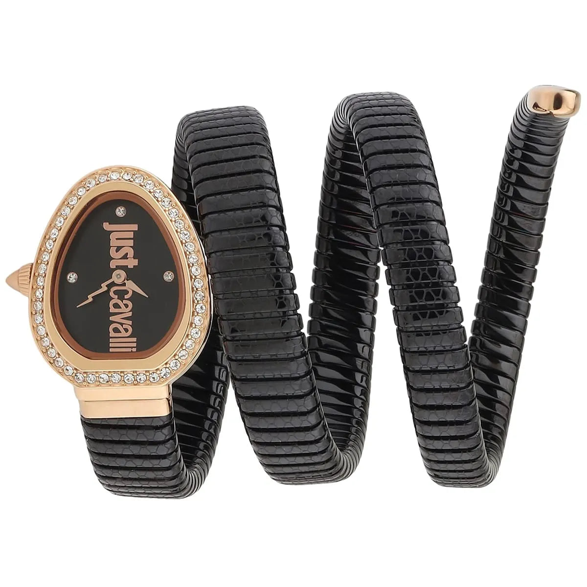 Just Cavalli women's watch triple wrap black snake-textured stainless steel bracelet detail