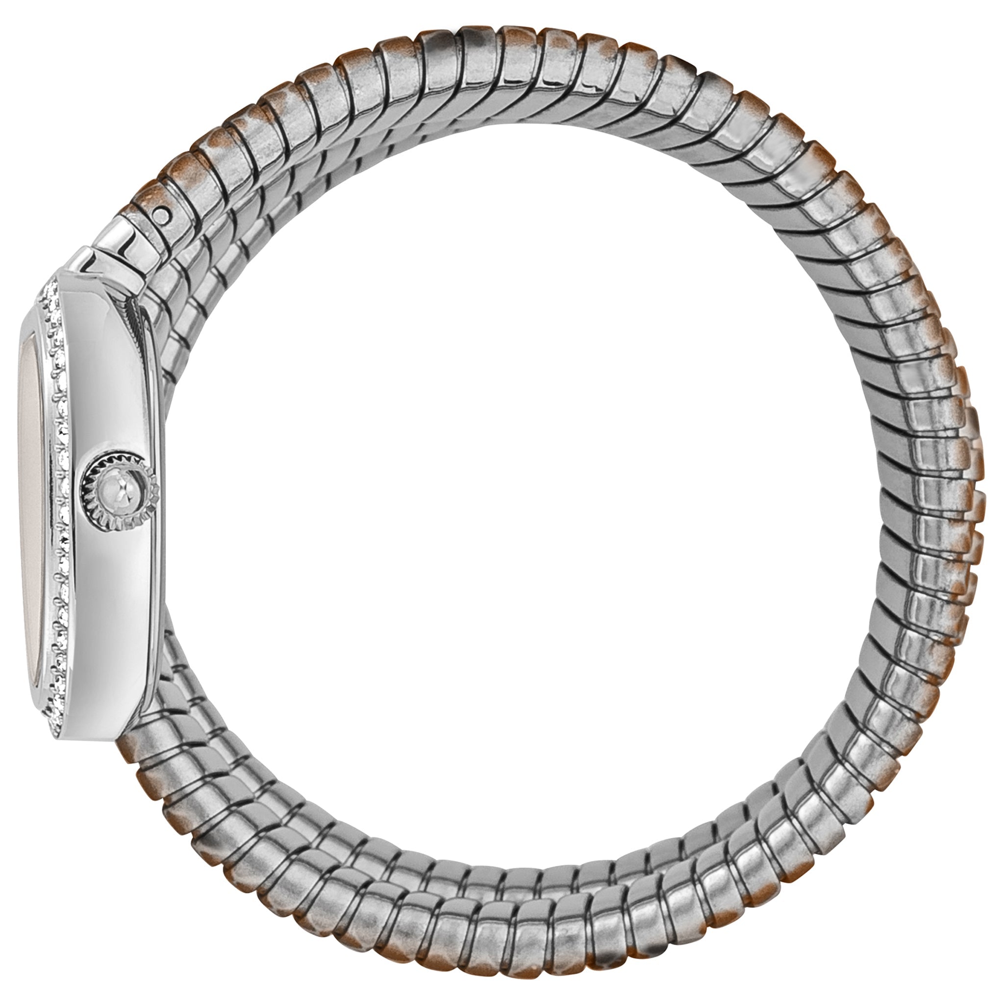 Just Cavalli Snake watch side profile showing wrapped snake-textured bands and oval case