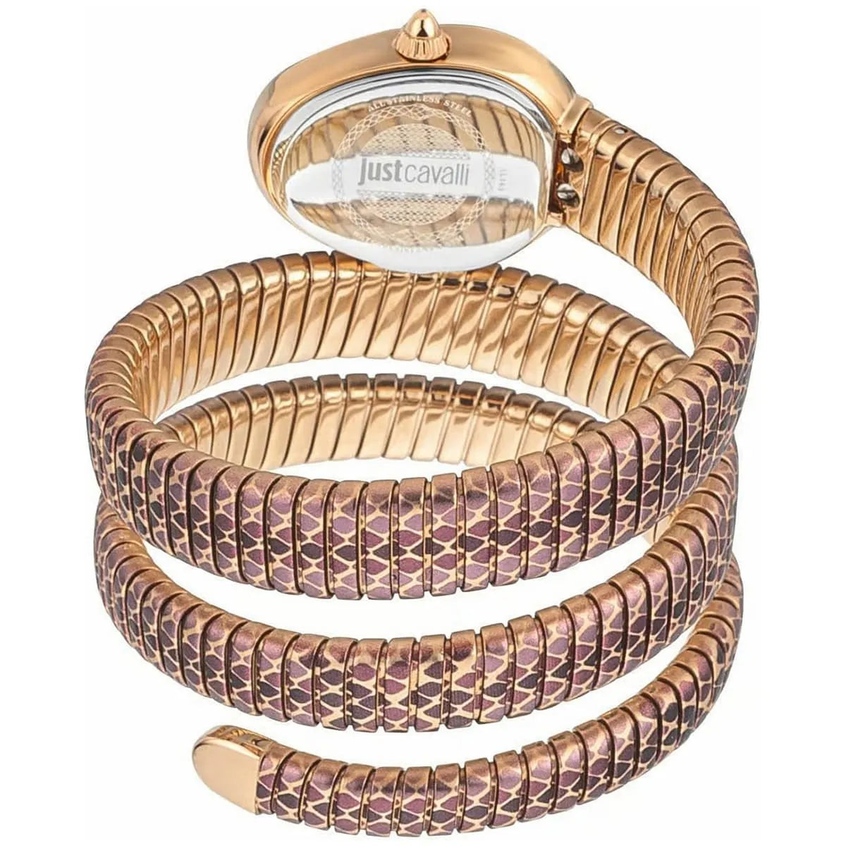 Just Cavalli Glam Snake watch from above showing oval white dial and wrapped snake-patterned strap design