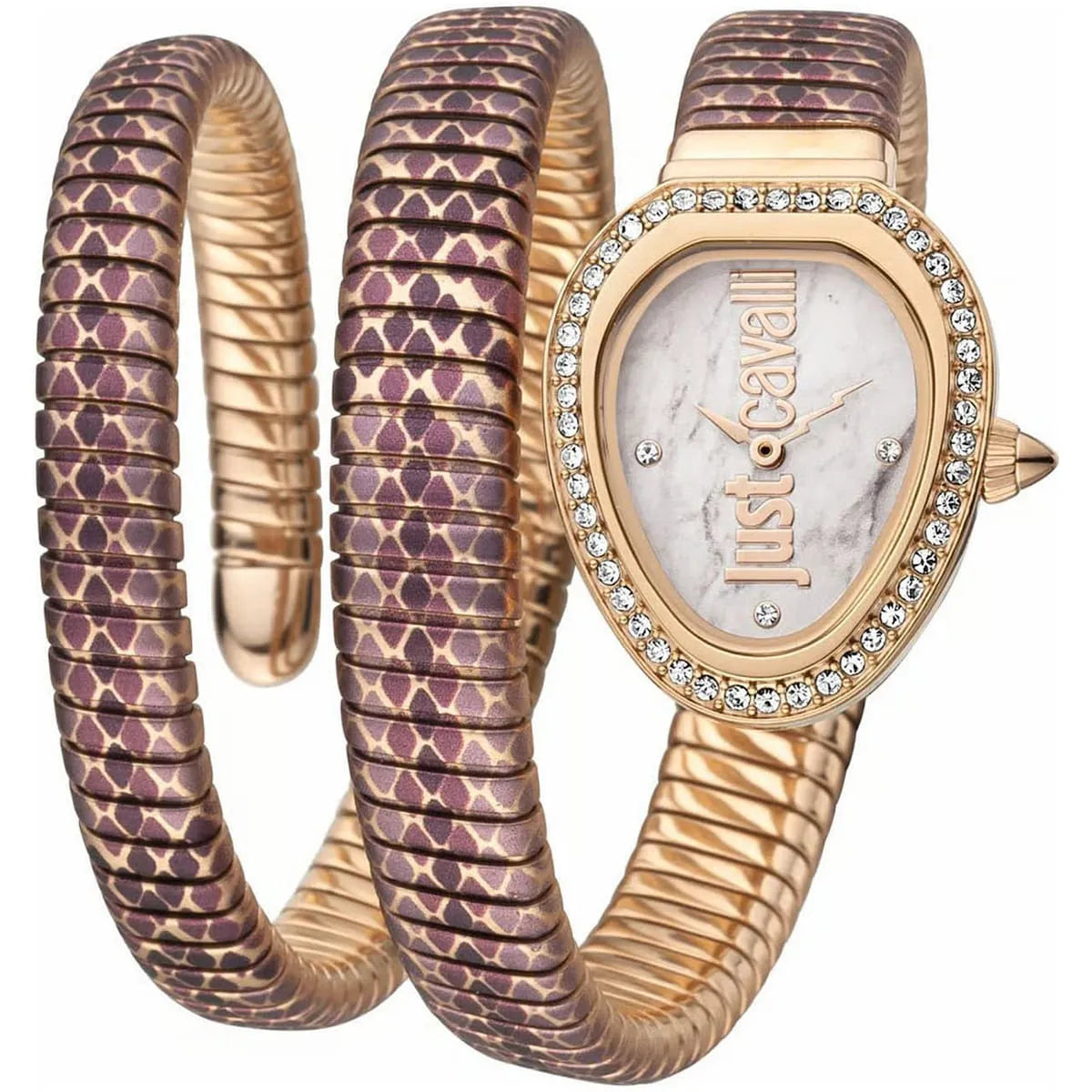 Just Cavalli Glam Snake white dial women's watch with triple-wrap multicolor snake-patterned steel strap and crystal-set gold case