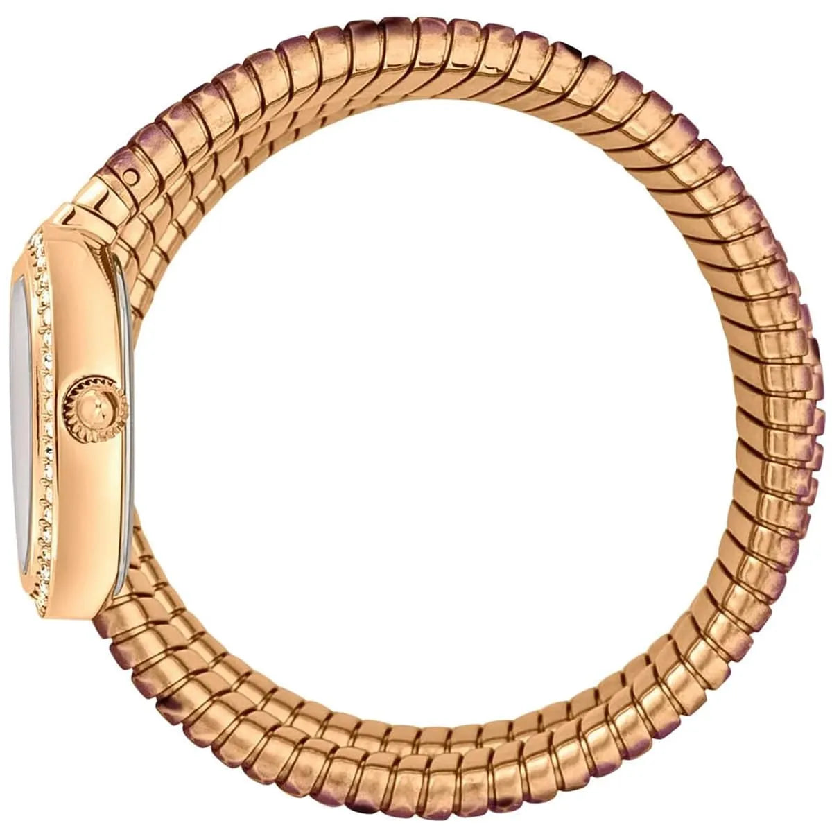 Just Cavalli Glam Snake watch worn on wrist displaying multicolor snake-textured steel bands