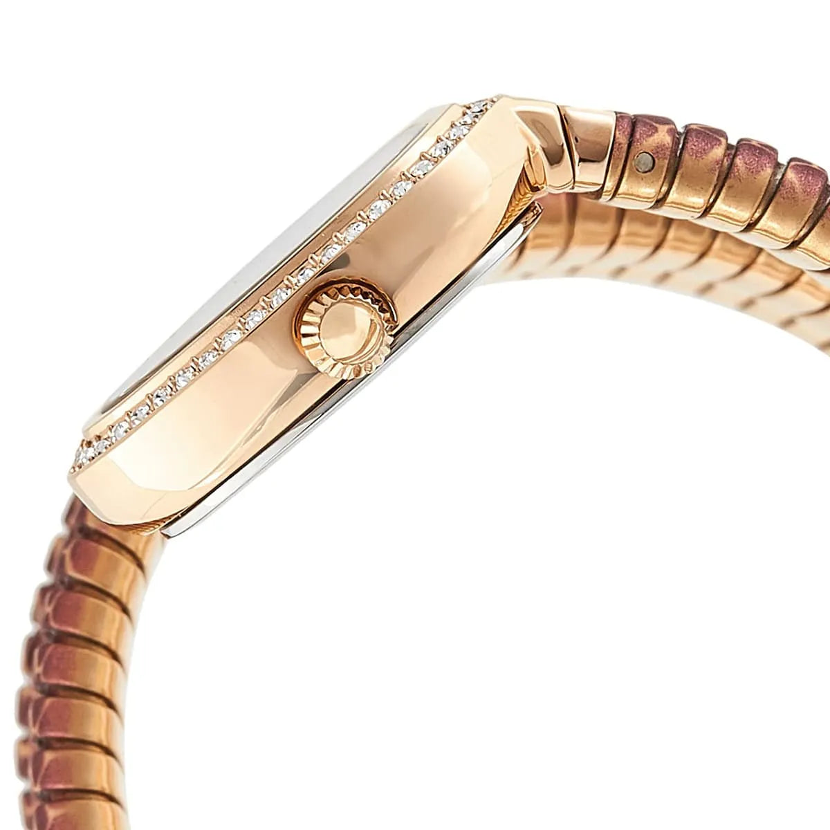 Just Cavalli Glam Snake watch side view showing crystal-set gold case and snake-patterned bands