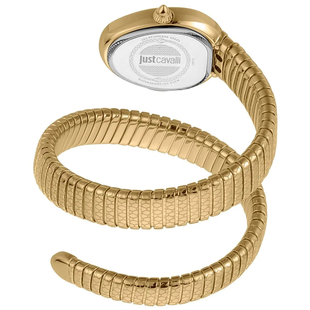 Just Cavalli Snake Solo caseback showing snake-wrapped bracelet design and dial detail