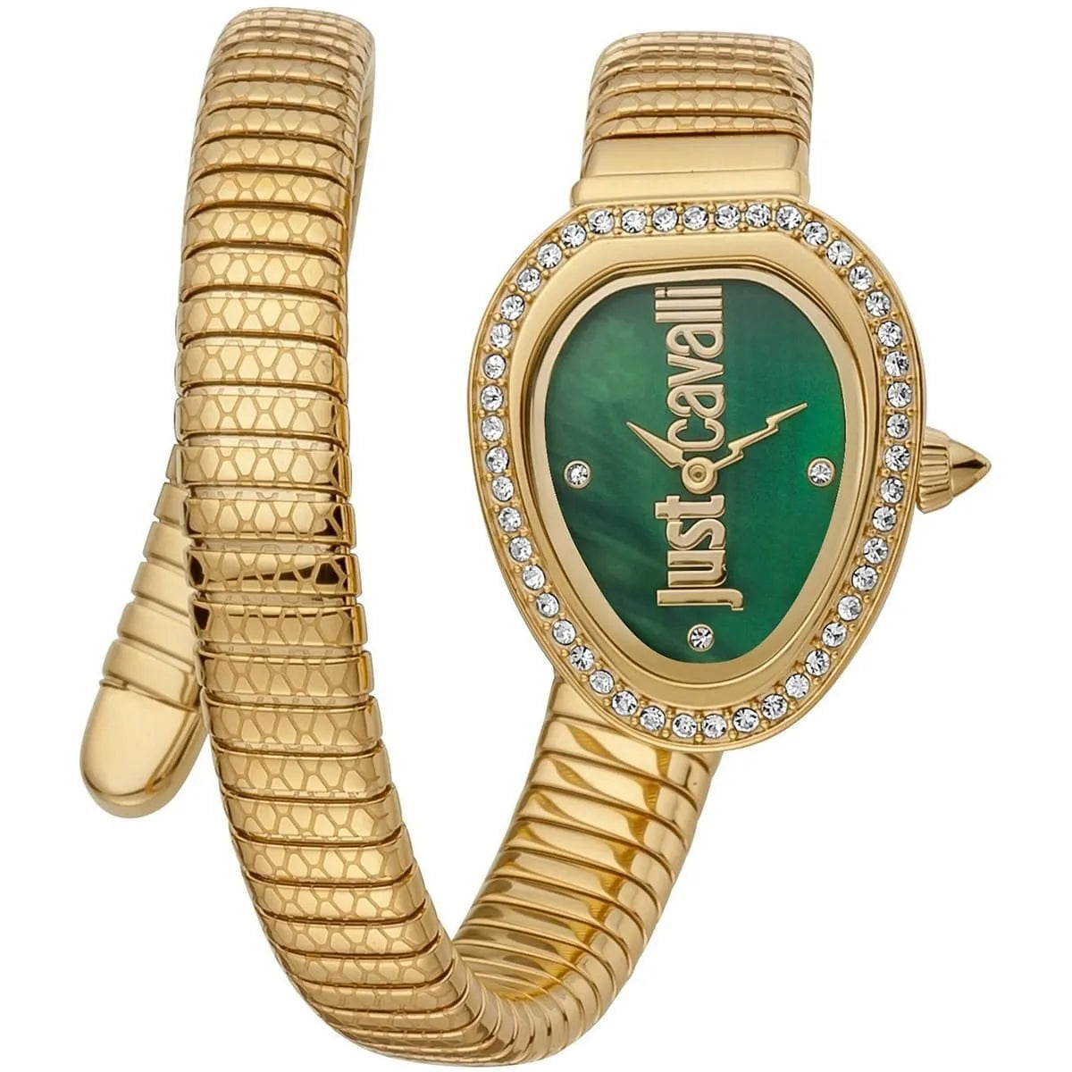 Just Cavalli Snake Solo women's watch with green dial, crystal bezel, and gold snake bracelet