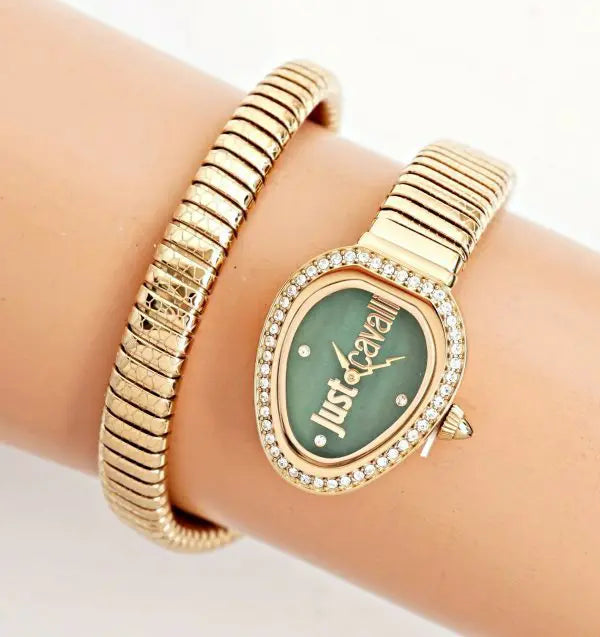 Just Cavalli Snake Solo women's watch on wrist showing green dial and double wrap bracelet