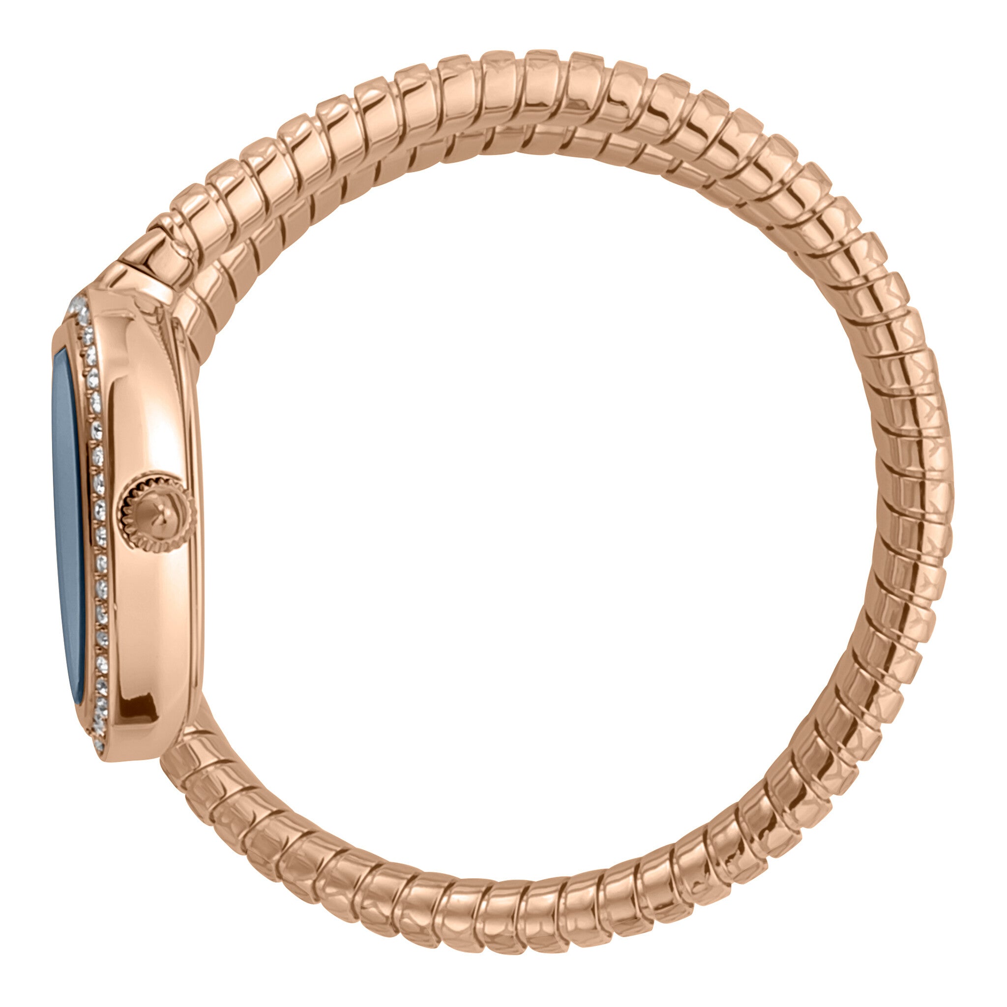 Just Cavalli Galm Snake watch side view showing rose gold snake-pattern strap and oval case with crystal-set bezel