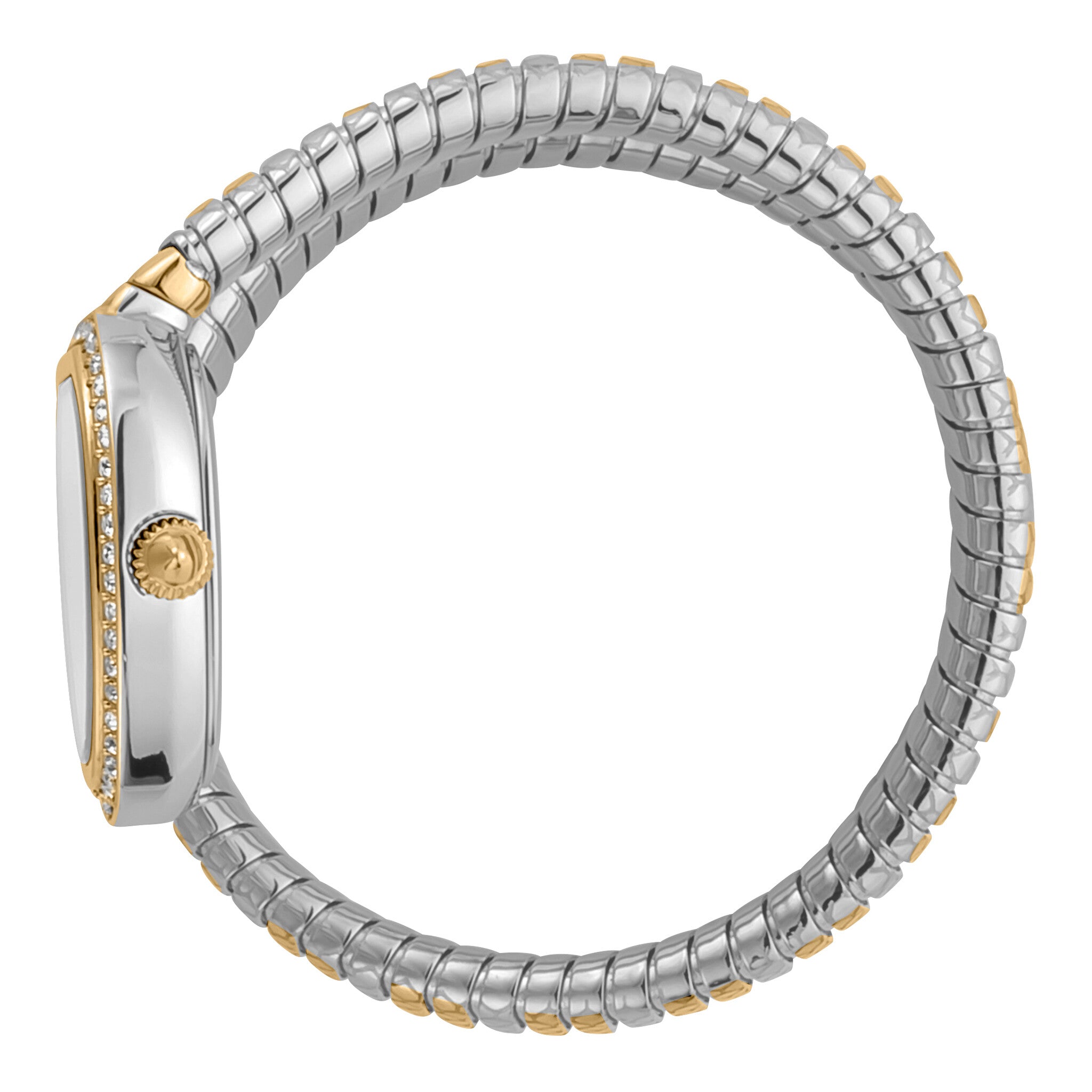 Side view of Just Cavalli Snake watch showing snake-textured two-tone metal strap and case profile