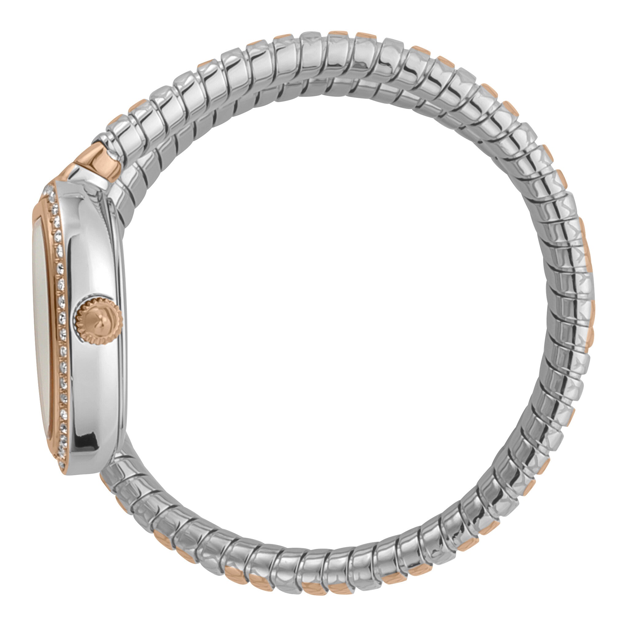 Just Cavalli Snake watch on wrist showing rose gold bezel and two-tone snake-pattern metal band