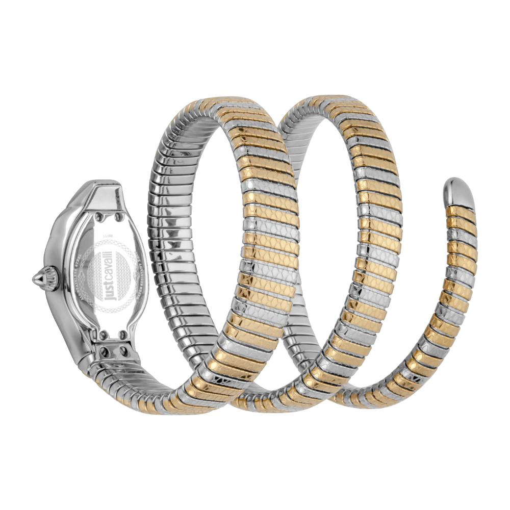 JUST CAVALLI Signature Snake watch coiled dual-strap metal bracelet design with case visible