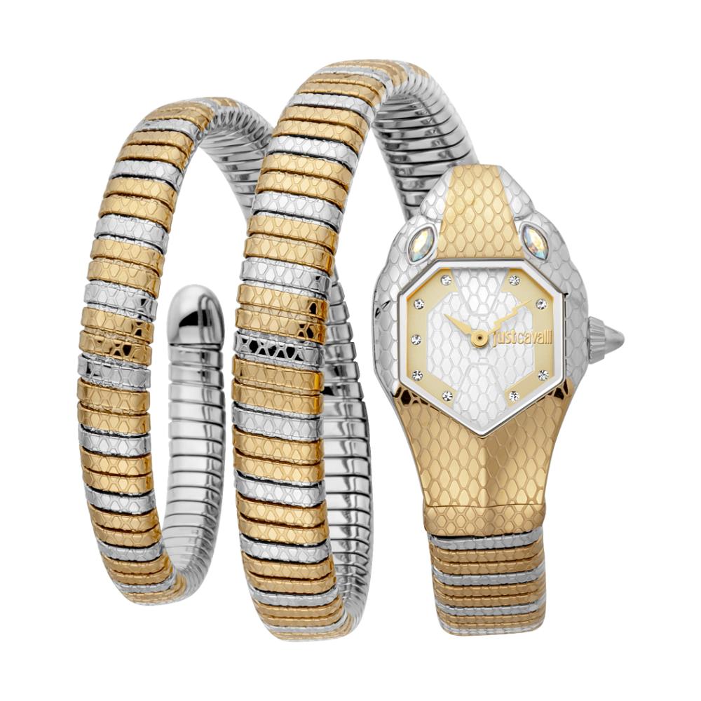 JUST CAVALLI Signature Snake watch with hexagonal silver dial, dual coiled gold and silver metal bracelet
