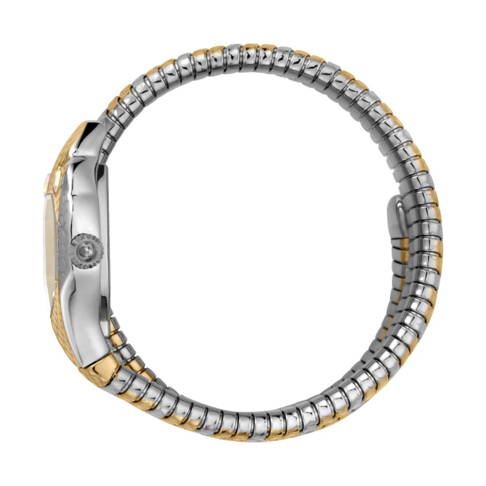 JUST CAVALLI Signature Snake watch side view showing hexagonal case and coiled gold and silver metal strap