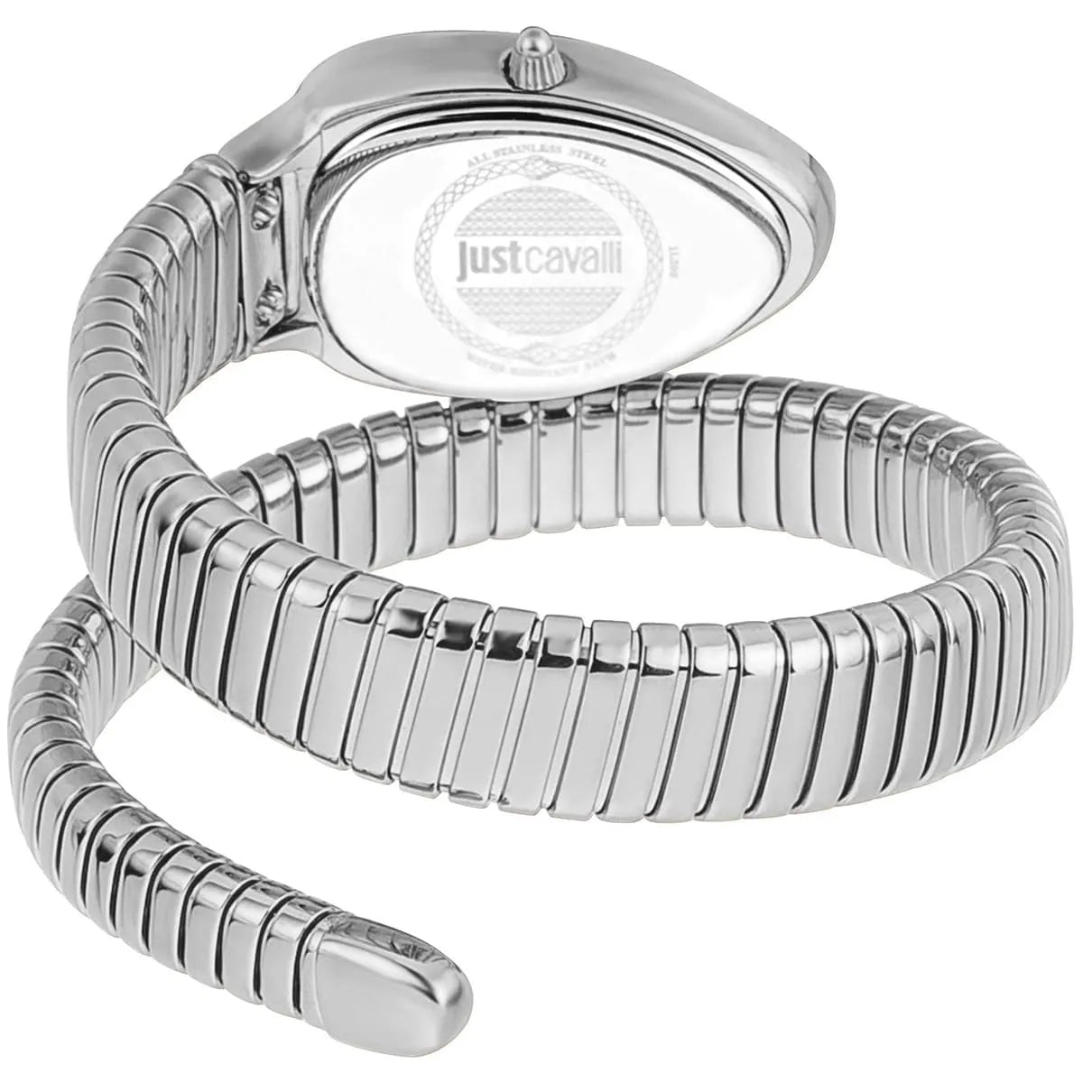 Just Cavalli Serpente Metallica watch caseback showing silver stainless steel snake-coiled bracelet design