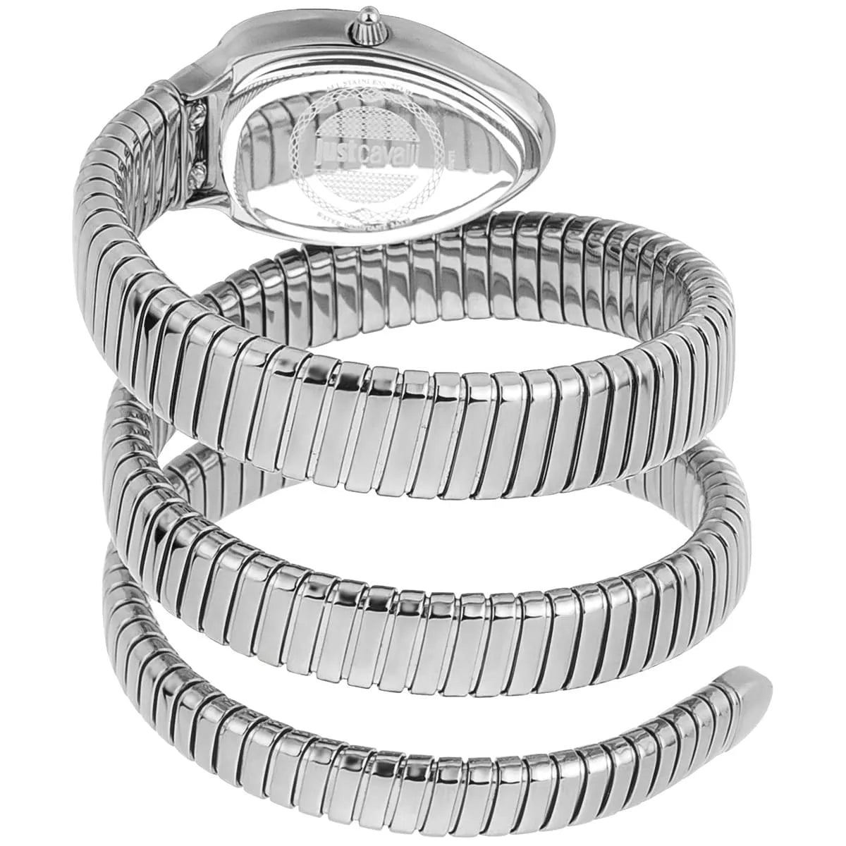 Just Cavalli women's watch with triple-wrap snake-pattern stainless steel band worn on wrist