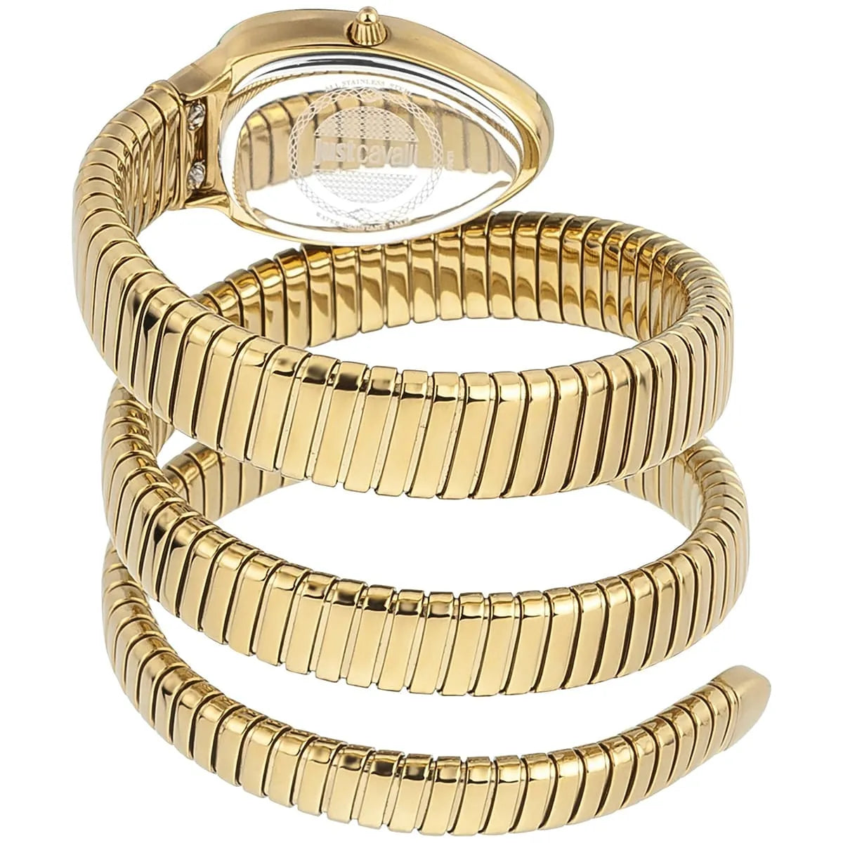 Gold snake-shaped bracelet with triple-wrap design and crystal accents