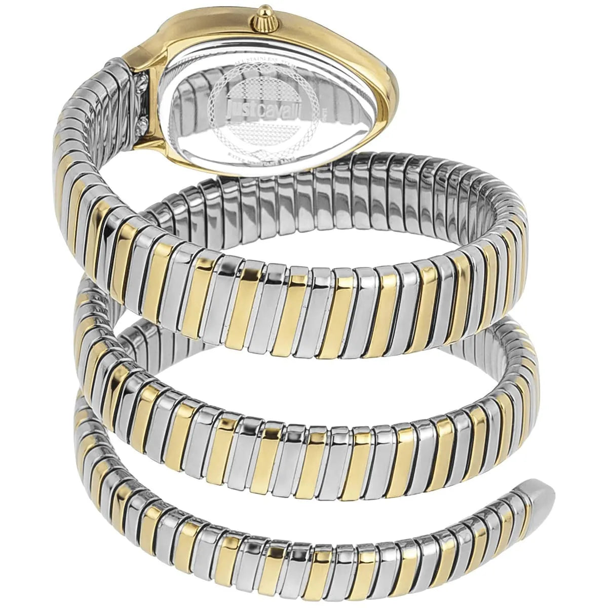 Just Cavalli Glam Evo 4 triple-wrap snake strap displayed on wrist with white dial visible