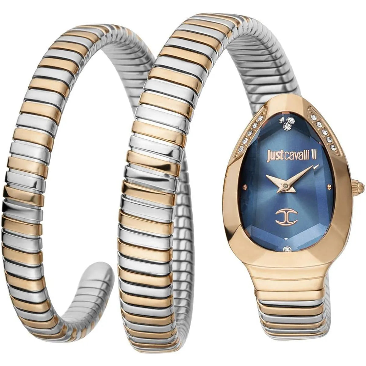 Just Cavalli Glam Evo 4 blue dial watch with two-tone snake strap and crystal bezel