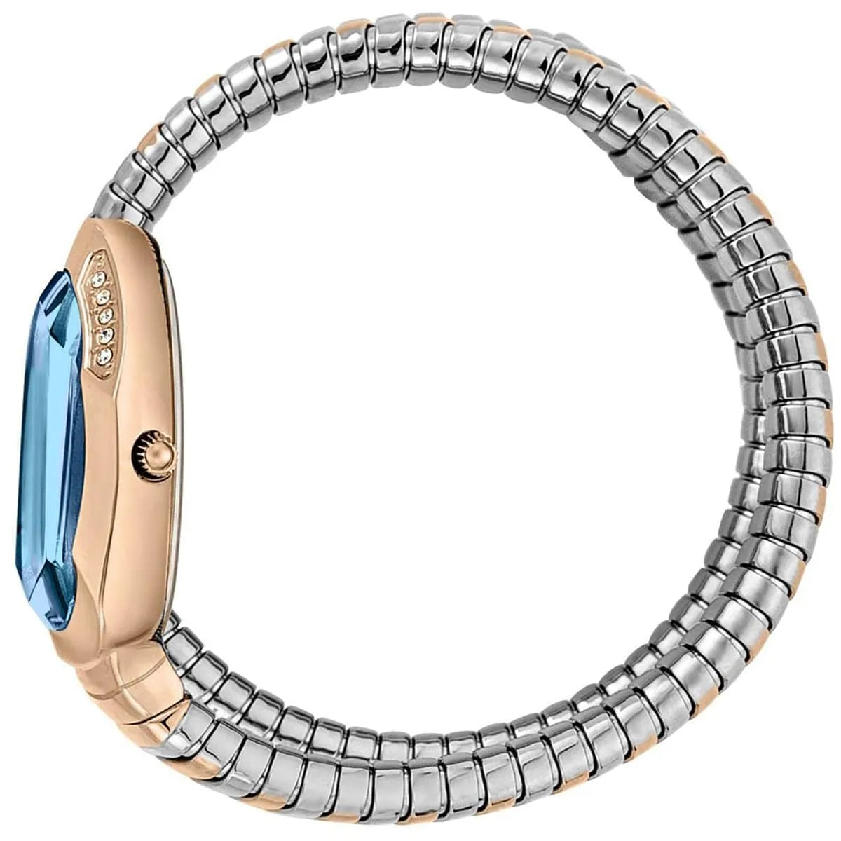Side view of Just Cavalli Glam Evo 4 watch with crystal-embellished two-tone strap